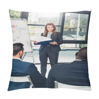 Personality  Female Business Lecturer Presenting Material During Seminar With Multicultural Colleagues In Conference Hall Pillow Covers