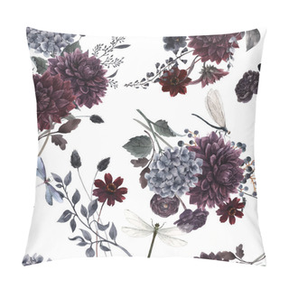 Personality  Beautiful Vector Seamless Pattern With Watercolor Dark Blue, Red And Black Dahlia Hydrangea Flowers. Stock Illustration. Pillow Covers