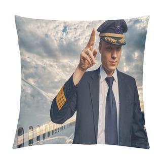 Personality  Young Airline Pilot Showing His Readiness For Take-off Pillow Covers