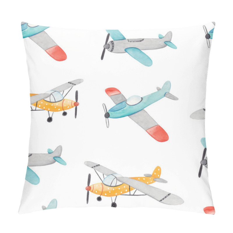 Personality  Watercolor cute hand-drawn seamless repeating children simple pattern with aircraft in Scandinavian style on a white background. Kids seamless pattern with planes. Funny airplanes. Trendy background. pillow covers