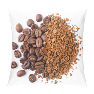 Personality  Coffee Beans And Instant Coffee Close-up On A White Background, Isolated. Top View Pillow Covers