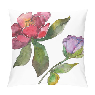 Personality Red And Purple Camellia Flowers Isolated On White. Watercolor Background Illustration Elements. Pillow Covers