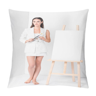 Personality  Barefoot Woman In Total White Standing Near Blank Easel Pillow Covers