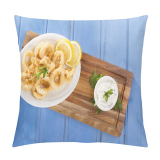 Personality  Delicious Seafood Golden Fried Crispy Calamari Rings At White Plate With Olive Oil  Pillow Covers