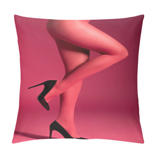Personality  Woman Posing In Red Pantyhose And Heel Shoes On Red Background Pillow Covers