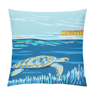 Personality  WPA Poster Art Of A Loggerhead Sea Turtle In Dry Tortugas National Park Is In The Gulf Of Mexico, West Of Key West, Florida United States Done In Works Project Administration Style. Pillow Covers