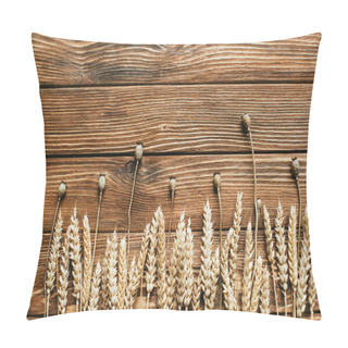 Personality  Top View Of Dry Poppies And Wheat Ears On Wooden Background Pillow Covers