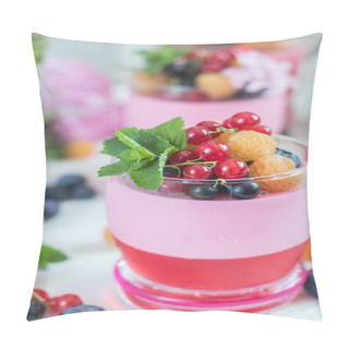 Personality  Multivitamin Summer Berry Delicious Panacotta. Sweet Food With Raspberries, Blueberries, Currants, Croutons And Mint, Pink Hydrangea Bouquet, Light Background. Close Up. Pillow Covers