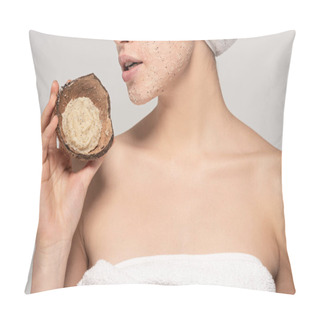 Personality  Cropped View Of Girl With Towel On Head Holding Coconut Shell With Scrub, Isolated On Grey Pillow Covers
