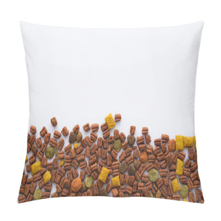 Personality  Flat Lay Of Crunchy Dry Pet Food Isolated On White With Copy Space Pillow Covers