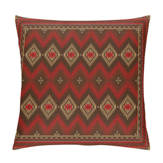 Personality  Luxurious Colorful Ethnic Rug With Diamond Pattern In Red, Burgundy With Brown And Yellow Tones On A White Backgroun Pillow Covers