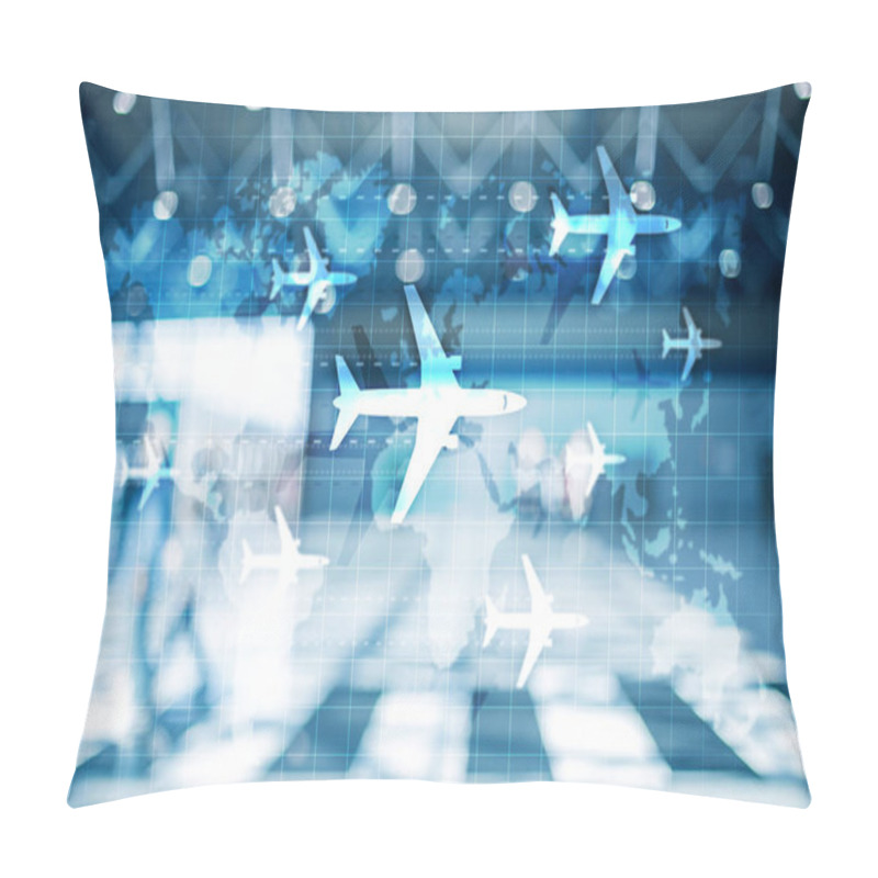 Personality  World Map With Flight Routes Airplanes. Global Aviation Business Tourism. Double Exposure Background Pillow Covers