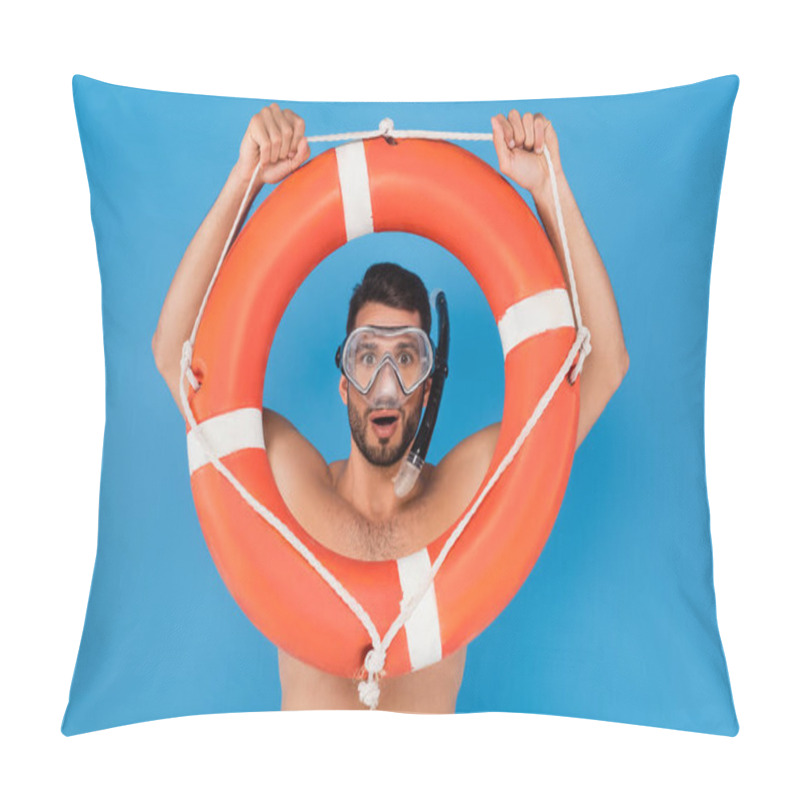 Personality  Excited man in swimming goggles holding life buoy isolated on blue  pillow covers