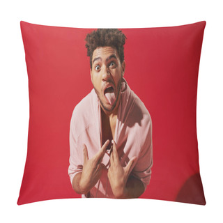 Personality  Funny African American Man Pulling Pink Hoodie And Sticking Out Tongue While On Red Background Pillow Covers