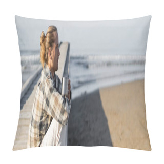 Personality  Side View Of Longhaired Man Holding Cup On Wooden Pier On Beach In Italy, Banner  Pillow Covers