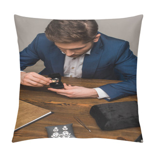 Personality  Jewelry Appraiser Examining Jewelry Ring With Magnifying Glass Near Jewelry On Table In Workshop Pillow Covers