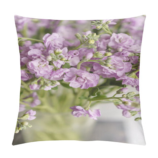 Personality  Bouquet Of Beautiful Lilac Color Gillyflower, Levkoy Or Mattiola. Spring Flowers In Vase On Wooden Table. Vertical Photo Pillow Covers