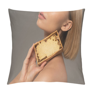 Personality  Cropped View Of Blonde Young Woman Holding Wooden Frame With Sweet Honey Isolated On Grey  Pillow Covers