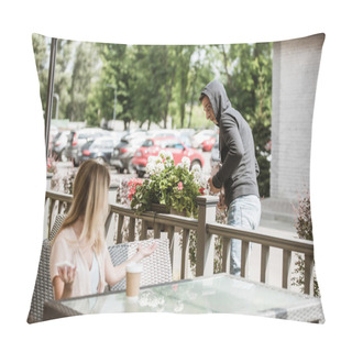 Personality  Woman Looking At Robbery Stealing Her Bag On Restaurant Terrace Pillow Covers