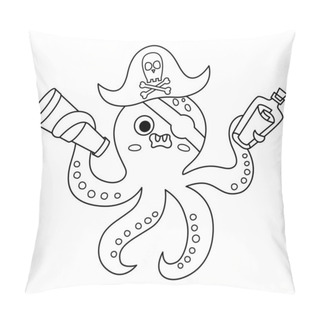 Personality  Black And White Vector Pirate Octopus Icon. Cute Line Sea Animal Illustration. One Eye Treasure Island Hunter With Eye Patch, Telescope And Bottle With Map. Funny Pirate Party Or Coloring Pag Pillow Covers