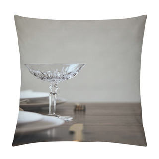 Personality  Selective Focus Of Crystal Glass, Plates And Cutlery On Wooden Table In Restaurant Pillow Covers