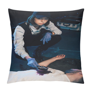 Personality  Investigator Sitting Near Corpse And Using Magnifying Glass At Crime Scene Pillow Covers