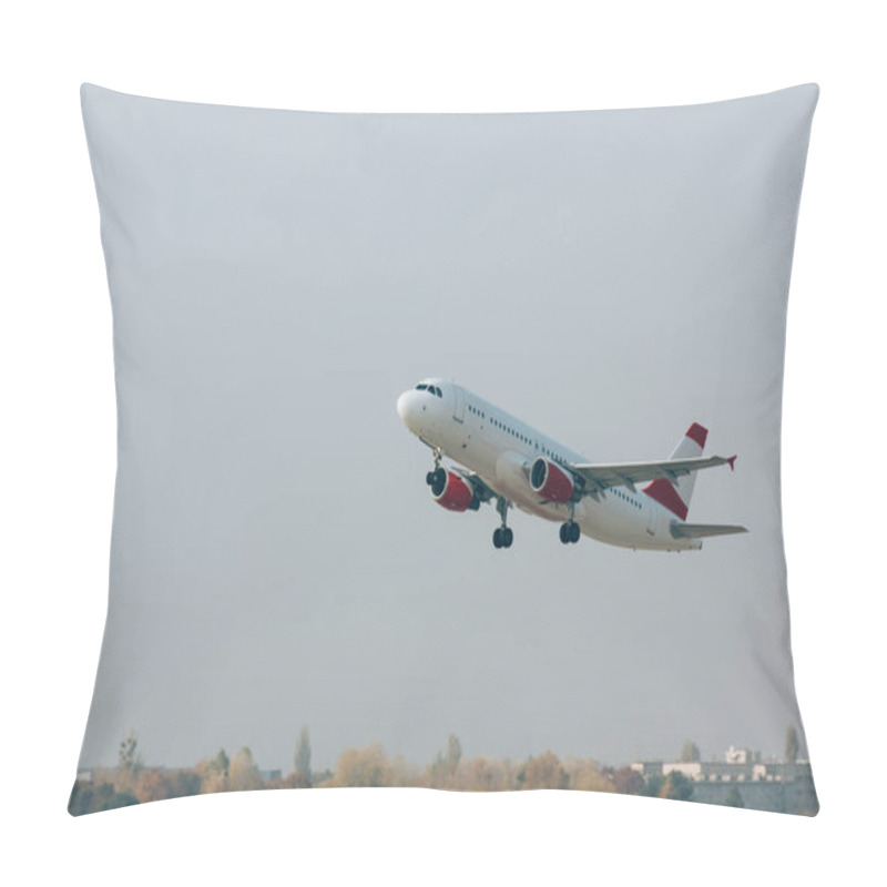 Personality  Flight departure of commercial plane above runway pillow covers