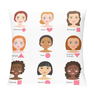 Personality Different Woman Face Types Shapes Female Head Vector Pillow Covers