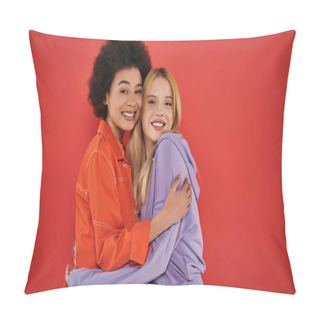 Personality  Cultural Diversity, Cheerful Multicultural Women Hugging While Looking At Camera On Coral Background, Blonde And Brunette, Diverse Friends, Sisterhood, Friendship Goals, Studio Shot  Pillow Covers