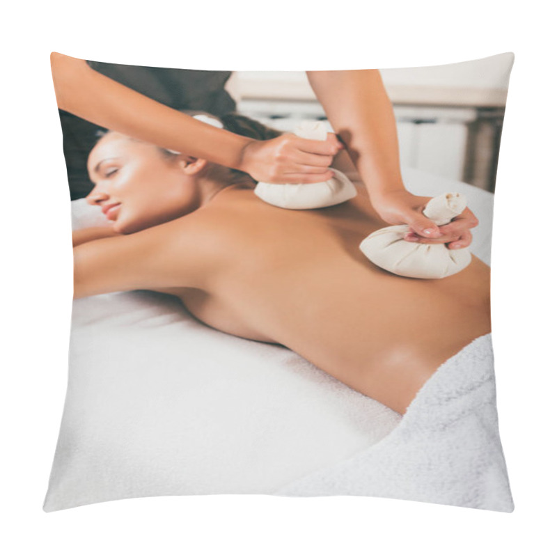Personality  Relaxing Young Woman Receiving Treatment At Spa Center Pillow Covers