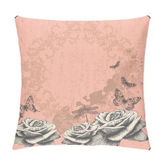 Personality  Pink Vintage Background With Decorative Butterflies And Roses, Hand-drawing Pillow Covers