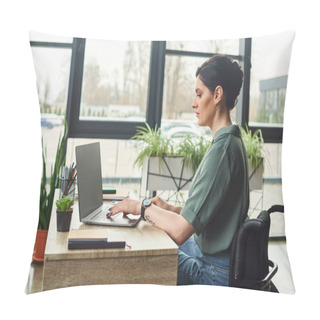 Personality  Confident Hard Working Businesswoman In Casual Attire In Wheelchair Working On Laptop In Office Pillow Covers