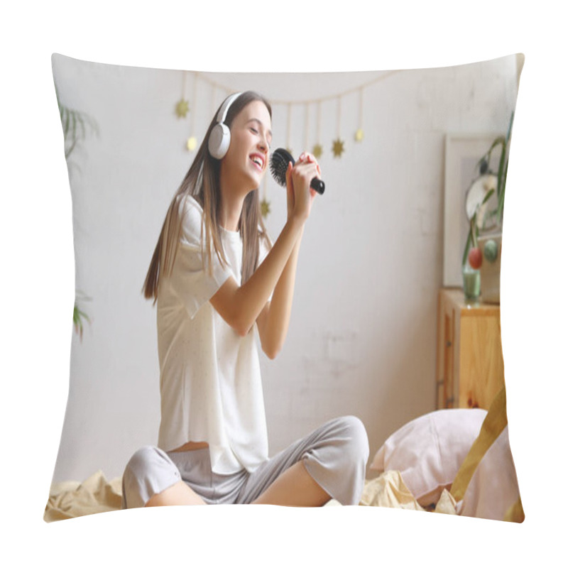 Personality  Pretending To Be Famous Singer. Young Woman In Casual Wear With Closed Eyes Holding Hair Brush As Microphone And Singing Her Favourite Song While Sitting On The Bed At Home Pillow Covers
