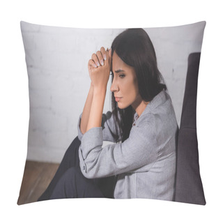 Personality  Stressed Woman Holding Clenched Hands Near Head While Sitting At Home, Mental Health Concept Pillow Covers
