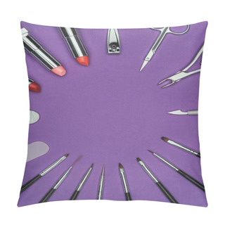 Personality  Top View Of Circle Of Manicure And Makeup Tools Isolated On Purple Pillow Covers