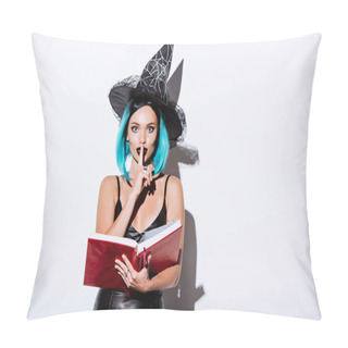 Personality  Sexy Girl In Black Witch Halloween Costume With Blue Hair Holding Book And Showing Shh Gesture On White Background Pillow Covers