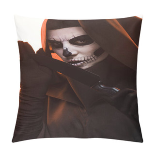 Personality  Woman With Skull Makeup Holding Knife Isolated On White Pillow Covers