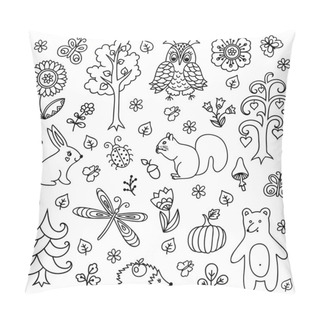 Personality  Vector Elements In Doodle Childish Style, Handdrawn Animals And Insects, Trees And Plants. Design Element In Doodles Style. Pattern For Coloring Book. Pillow Covers