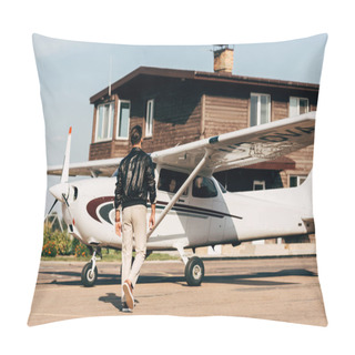 Personality  Rear View Of Stylish Male Pilot In Leather Jacket Walking Near Airplane Pillow Covers