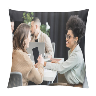 Personality  Happy Interracial Female Colleagues Talking In Modern Coworking, Project Planning And Collaboration Pillow Covers