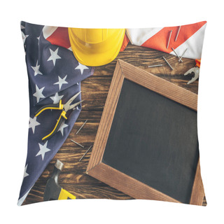 Personality  Top View Of American Flag And Instruments Near Blank Chalkboard On Wooden Surface, Labor Day Concept  Pillow Covers