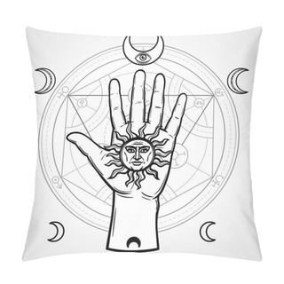 Personality  Human Hand Holds A Medieval Symbol Of The Sun. Signs Of The Moon,  Alchemical Circle Of Transformations. Vector Illustration Isolated On A Gray Background. Pillow Covers