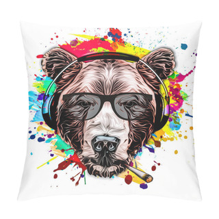 Personality  Abstract Colored Bear Muzzle With A Cigar In Eyeglasses And Headphones Isolated On White Background With Paint Splashes Pillow Covers