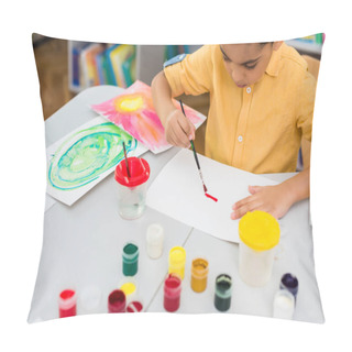 Personality  Selective Focus Of African American Kid Painting While Holding Paintbrush  Pillow Covers