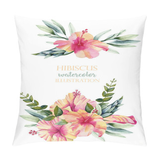 Personality  Watercolor Hibiscus Flowers And Leaves Bouquets Collection, Hand Painted Isolated On A White Background Pillow Covers