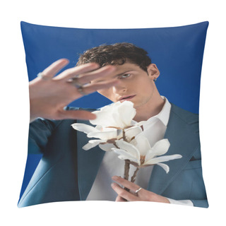 Personality  Stylish Man In Jacket Holding Magnolia And Covering Face Isolated On Blue  Pillow Covers