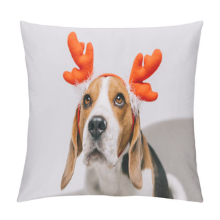 Personality   Beagle Dog Wearing Reindeer Antlers Isolated On Grey Pillow Covers