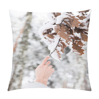 Personality  Cropped Image Of Woman Holding Branch With Leaves Covered With Snow In Forest Pillow Covers