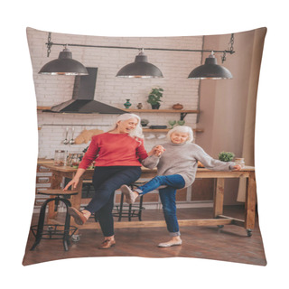 Personality  Two Mature Grey-haired Positive Ladies Dancing In The Kitchen Pillow Covers