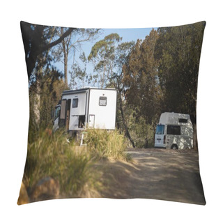 Personality  Camping In And Van And Tent In A Park In Nature In Summer. Off Grid Camping  In A Camper Trailer, On A Holiday Adventure In NSW, Australia Pillow Covers